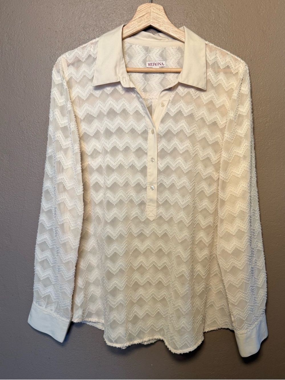 Merona Women's Cream Textured Pattern Long Sleeve Blouse Size XL Boho Feminine